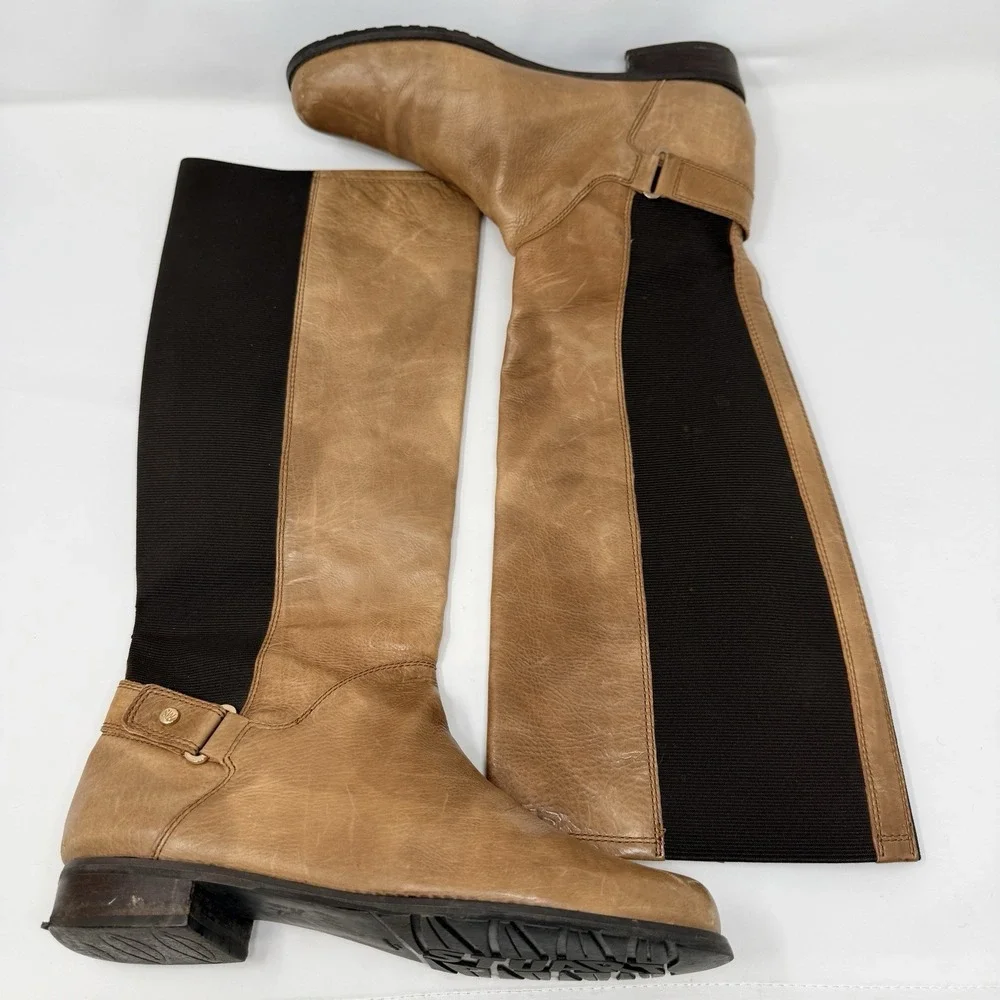 Stuart Weitzman Tall Riding Boots Womens 9.5M Tan Leather Stretch Knee High